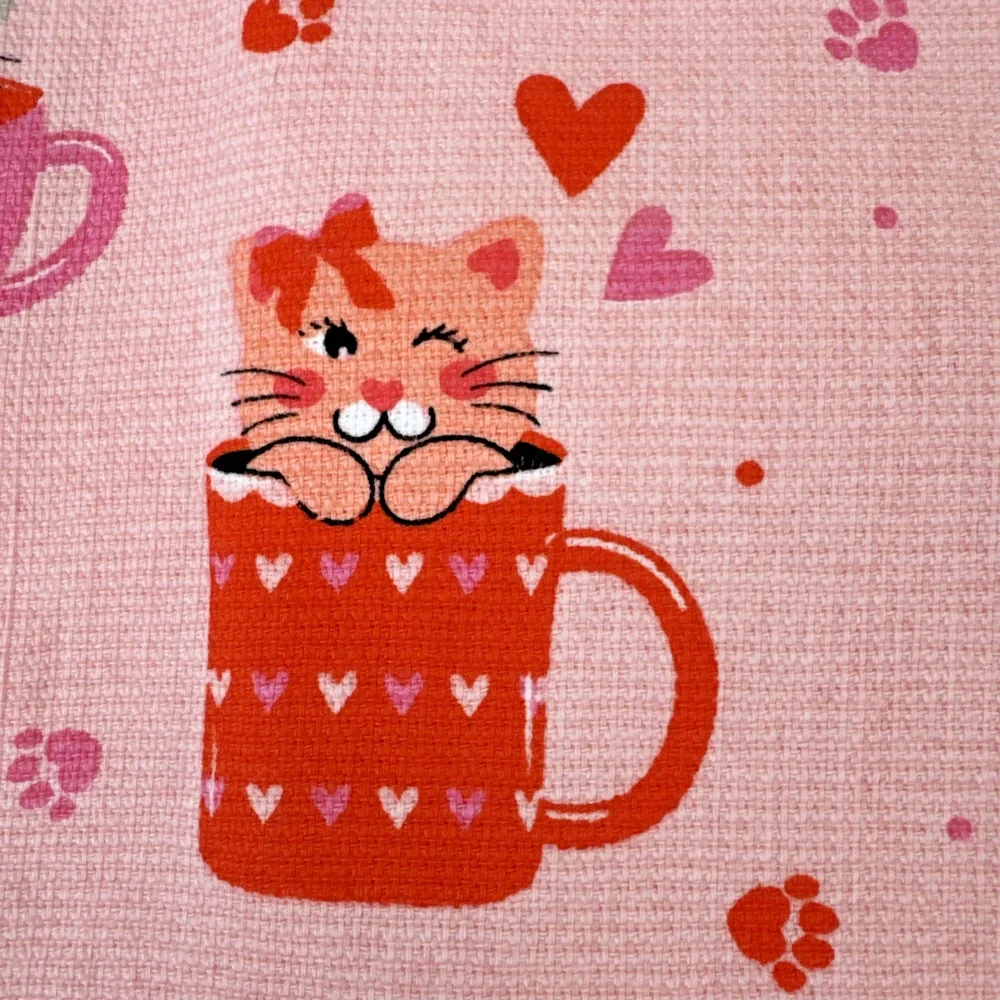 Betsey Johnson kitchen towels cats hearts pink orange valentines 100% cotton new